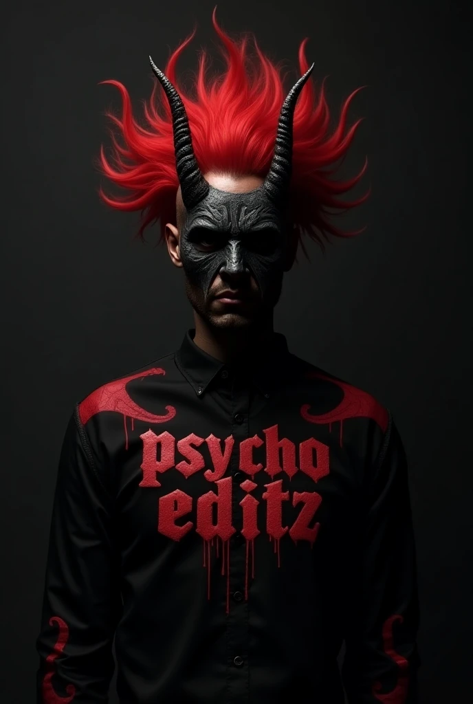 A man mask and hair  in black and demon red dress name on shirt with 3d italic font "PSYCHO EDITZ"