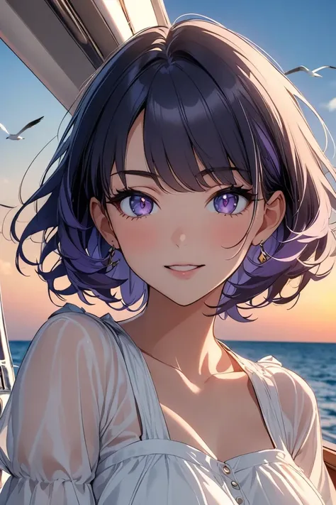 Anime woman,1 woman,  ,short hair,dark blue hair ,pruple eyes,summer outfit , in Yacht , sea , gull,blue sky,sunset دقة عالية, عمل رائع, علم التشريح صحيح, دقيق, أفضل جودة, 