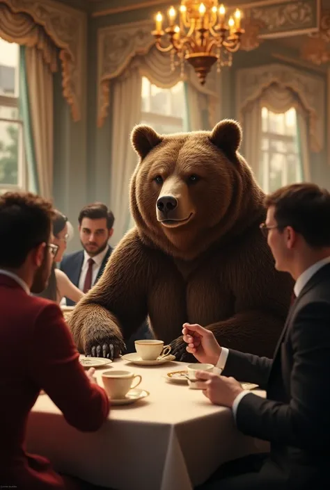 a bear is drinking hot tea in a restaurant among people in beautiful clothes  