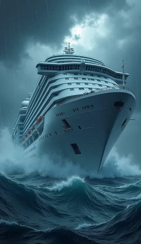 The white super cruise ship broke in half and half sank into the sea. in a big storm with dark clouds and thunder at night.