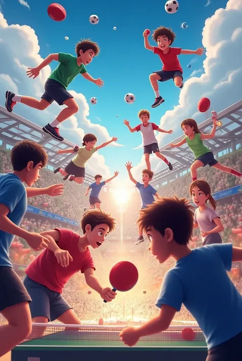 Promotional image of a sports tournament in which the following table tennis is present, soccer, bowling and chess .