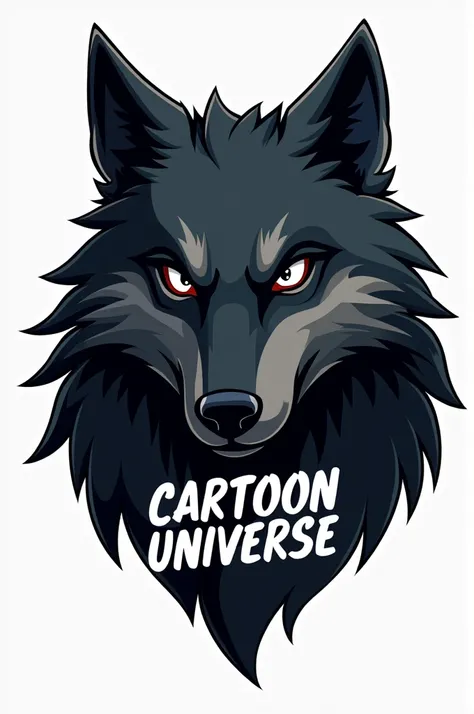 Black wolf logo with font in the middle "Cartoon Universe"