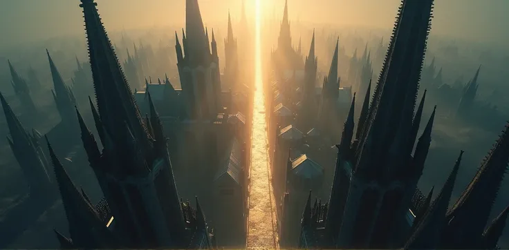  A view from above, At the height of 5 meters above the floor of a Gothic city with a light shining in the center, 