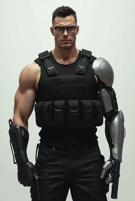  full body image, white man, strong soldier, Little big black hair,  holding a pistol, glasses, black vest,  with only one full metal arm.