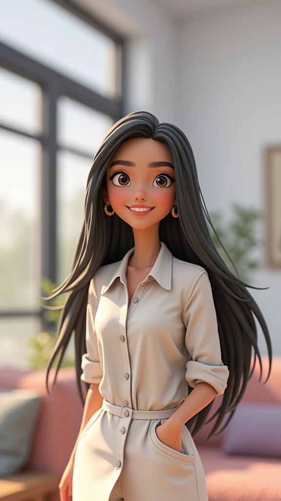 Create a 3D animated avatar of a young woman based on the provided image, styled with realistic Disney-like animation traits. Maintain her facial features, emphasizing her expressive eyes, defined brows, and warm smile. Her hair should be long, black, and ...