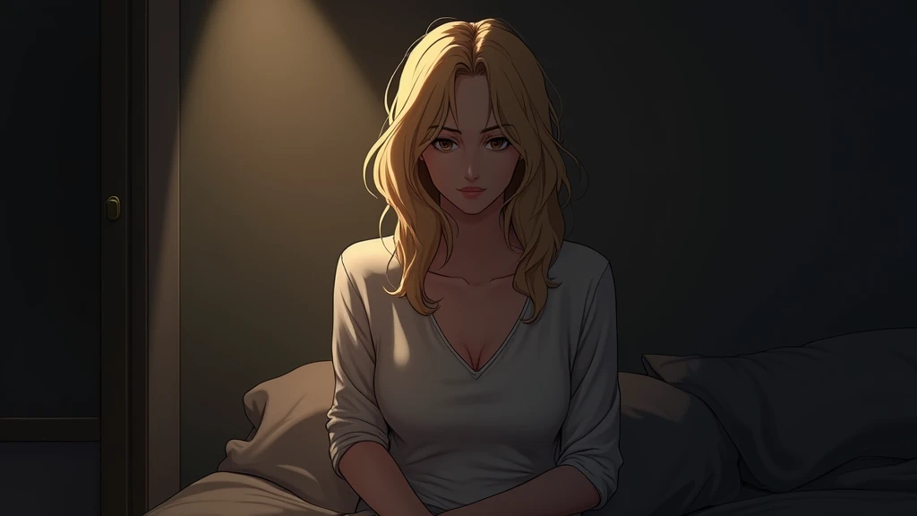 anime style: very stunning beautiful blonde woman in her late 30s with brown eyes, sitting alone in a dimly lit room, deep in thought. Her expression is contemplative, almost meditative. A single soft light illuminates her face, casting shadows on the wall...