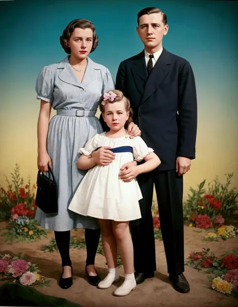 there is a man and woman standing next to a , colorized background, a colorized photo, colourized, colorized photo, colorized, colorized photograph, 1950s family, colourised, award winning colorized photo, restored color, coloured photo, old color photo, c...