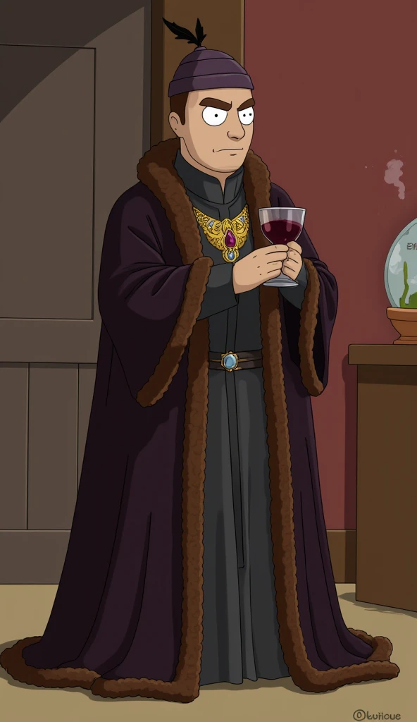 Cartman as a scheming lord: Picture Eric Cartman dressed as a cunning nobleman from Game of Thrones, wearing rich, dark robes lined with fur and adorned with a jeweled brooch. He has a sly grin and holds a goblet of wine, embodying both arrogance and ambit...