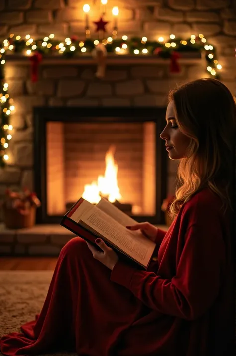 A woman with a book by the fireplace on New Years Eve