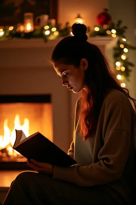 A woman with a book by the fireplace on New Years Eve