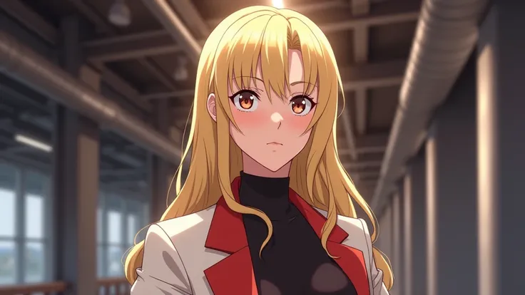 anime style: 
very stunning beautiful blonde woman in her late 30s with brown eyes,
confident and empowered, standing tall and looking directly at the camera. She is dressed in stylish, modern clothing, and her expression is one of self-assuredness.
creati...