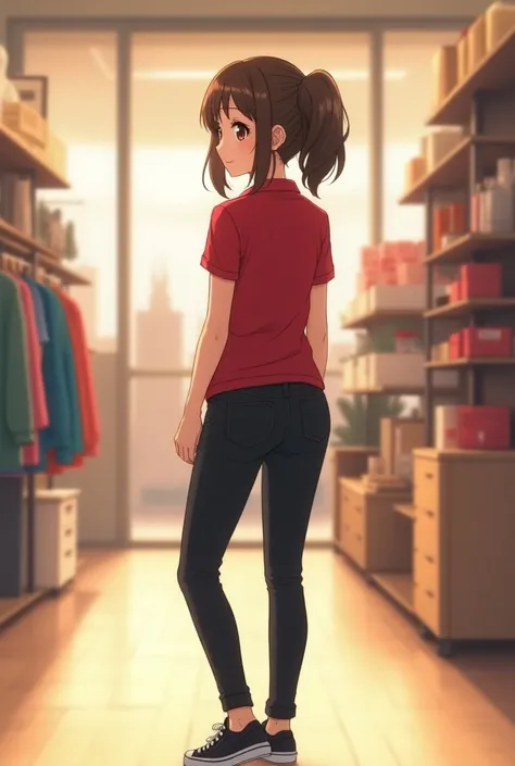 Young anime small height woman standing in a store, with shoulder-length brown hair and brown eyes, wearing red skinny polo shirt with short sleeves and black skinny jeans, wearing black sneakers, looking with smile, view frоm her back