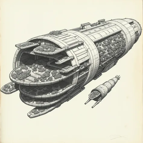 Come up with a schematic drawing for the ark spaceship, and what is located on it, like a town on the space ship traveler, 5 flours on the ship