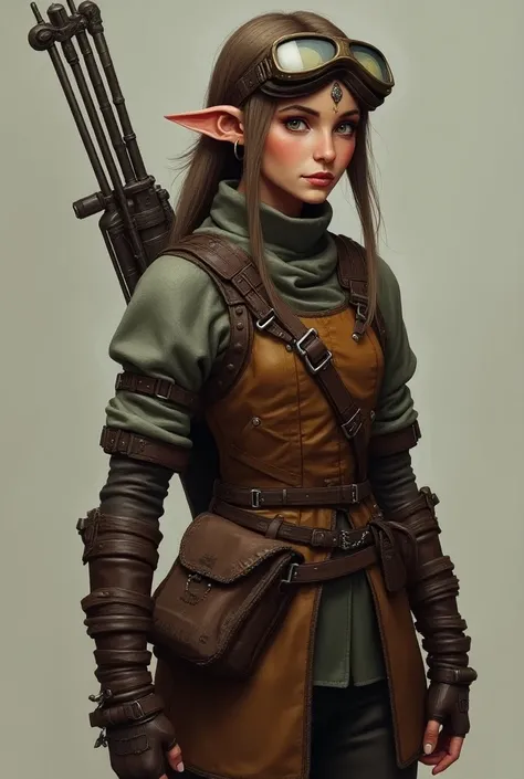 An elf with mixed skin has a pair of welding glasses on her forehead with a sling bag 
And with a crossbow in her back she is wearing leather armor she lives in the middle ages
