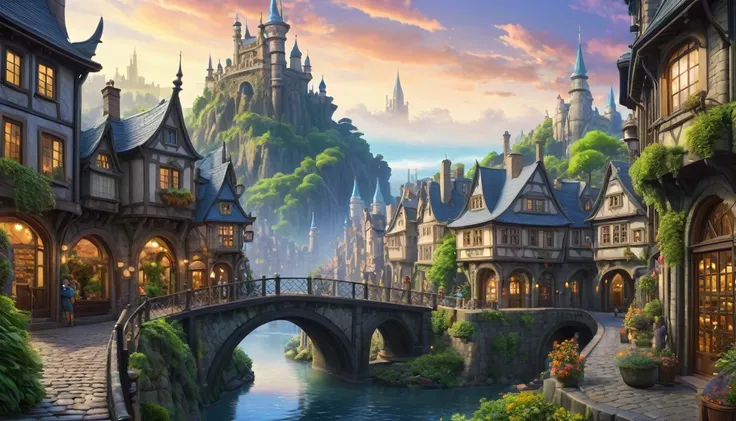 A beautiful jaw dropping city that is mash up of fairy tale and scifi. Has the feel of a fairy tale but with scifi details seemlessly blended in. Style of Studio Ghibli, Landscape, distant view, fantasy style, early morning, surreal architecture, medieval ...