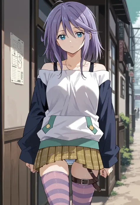 Mizore shirayuki colar, off shoulder, long sleeves, Plaid skirt,  striped panties , Thigh strap, striped tights, white showing the vaginano panties 