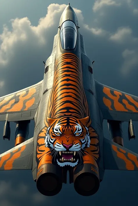 Show it the back of a Tiger on an F-5 Tiger II warplane viewed from back to front 