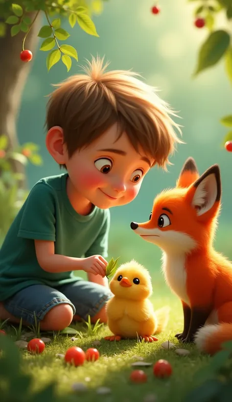 "Finn places some leaves and berries next to the baby bird, showing thoughtfulness and care as the fox sits beside the bird."
