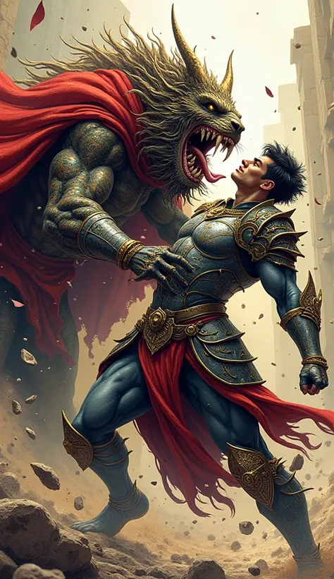 Comic book illustration blending styles of Antonio J. Manzanedo, Alex Horley, and Artgerm, featuring an intricate male warrior astride a mythological beast, mid-battle, flying splinters from shattered armor, dynamic poses, detailed fabric dynamics, contras...