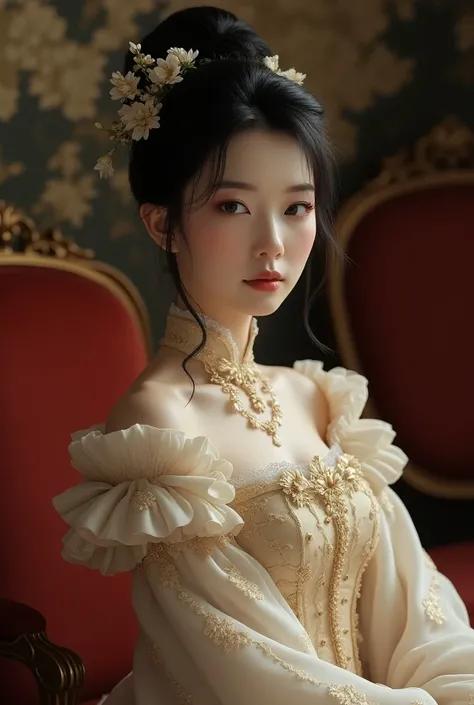 Create an image of a Korean woman in a Victorian era setting 