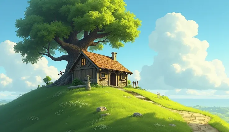 small house, with ancient aspects on a grassy terrain  ,  climbing a hill with a tree nearby, With leaves in the wind and a bright sun 
