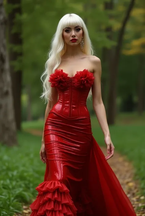 Full body shot of a woman with platin blonde hair in a a floor-length victorian red Latex dress with a long sleeve and Hoopskirt, sleeeve with Ruffles, high mecked dress with turtleneck, black corset, dress with ruffles, Latex dress, Latex, Latex outfits, ...