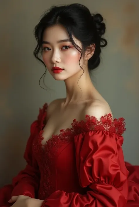 Create a portrait of a Korean woman wearing a red formal Victorian era dress with short black hair