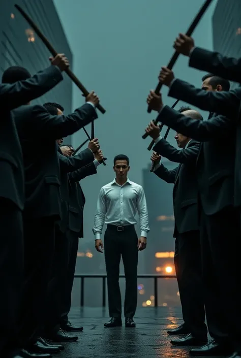 A group of men in suit holding a katana swords ready to attack a man in white shirt