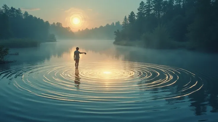 "It illustrates a serene lake scene where a figure gently tosses a small stone into the water, creating expansive, glowing waves that radiate outward. Each wave represents a positive thought, with a soft, warm light spreading across the surface of the lake...