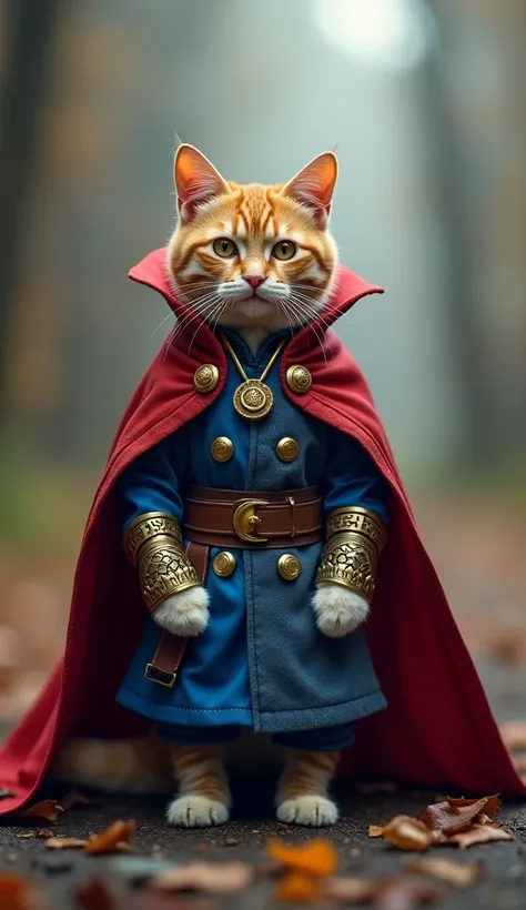 a standing cat, wearing the costume of the marvel character Dr Strange, walking facing the camera, blurred background