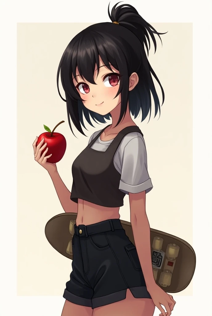 please create 2d Pfp  hot girl with black outline make it as Nft holding apple in his hand in anime style also holding skatebo on back neck. Please dont add shine in image and make sure add shade in image 