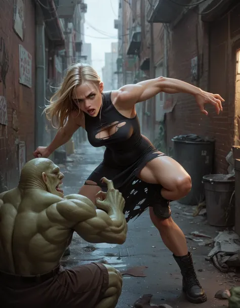 blonde woman wears tight black ripped dress punches monster, fights with monster in alley at night