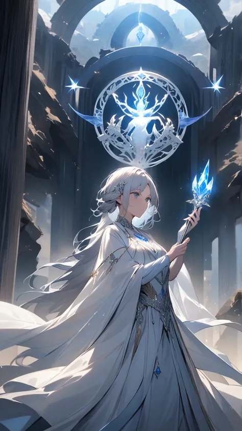 "Create an image of Saint Yuuki, a wise and powerful young woman who radiates calm determination. She is dressed in elegant, flowing white robes adorned with intricate silver and blue details, symbolizing purity and peace. In her hand, she holds a staff to...