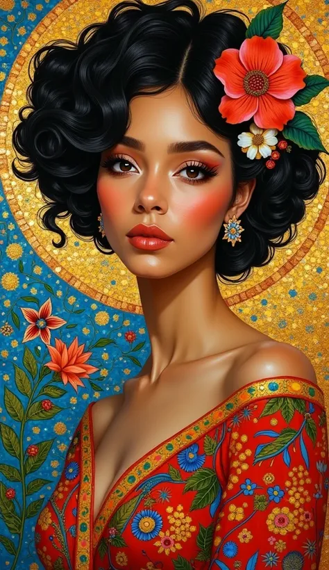 A painting of woman from: Asian, Afrikan, European, Arabian, Kaukasian. They are in Gustav Klimt painting style with bright colors.