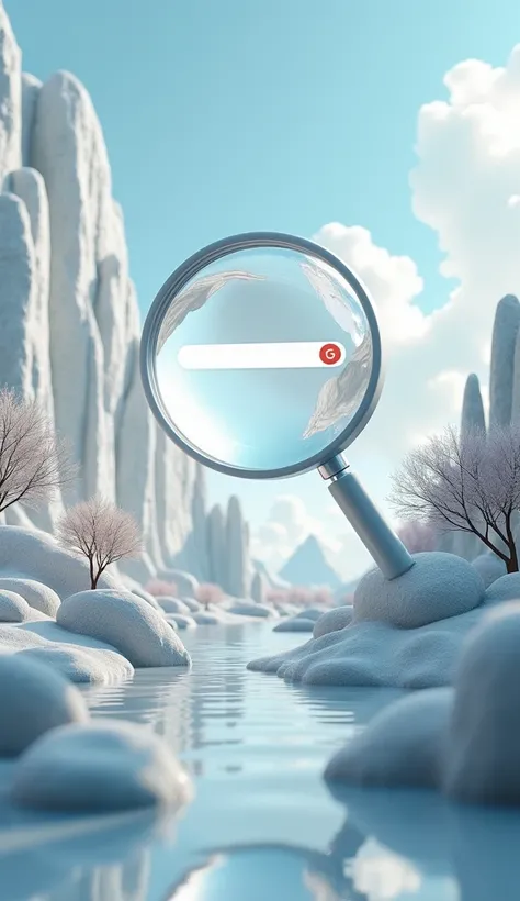 3d art style of a Create an image of a digital landscape where a magnifying glass hovers over search results, on goolge showing website on page 1 of google