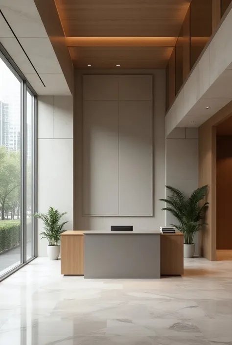 Office reception with wall panel in beech gray tones 