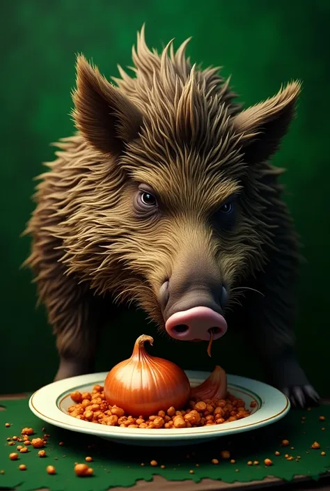 Rubberized emblem in the color green ,  with a wild boar eating an onion on the plate 