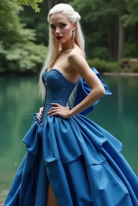  full body view , stunning European woman in blue high-necked shiny latex governess dress with long puffed sleeves and stand-up collar, corset, very tight corset , petticoat,  Crinoline, Hourglass figure, She is standing in front of a pond, petticaot ,
Ver...