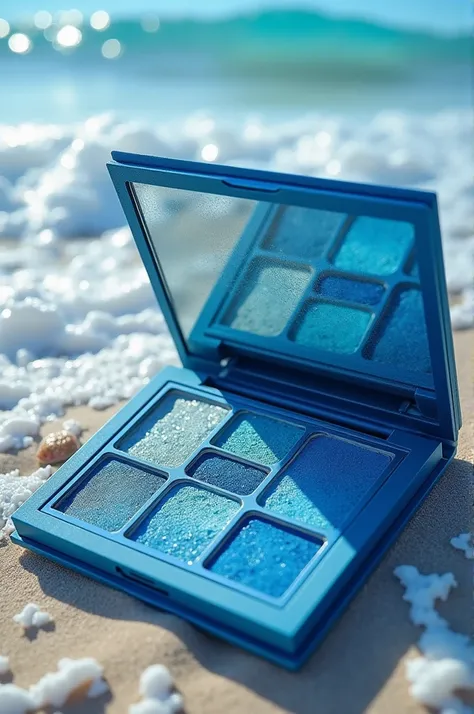 Create a makeup palette that says ocean blue that has blue colors and is on the beach 