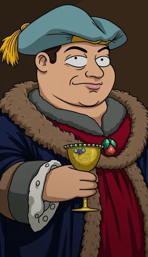 Eric Cartman as a cunning nobleman: Visualize Eric Cartman as a real-life, medieval lord. He is chubby with a haughty expression, wearing a rich, fur-lined tunic of dark blue and red hues. His iconic light blue hat with a soft yellow pom-pom is slightly ta...