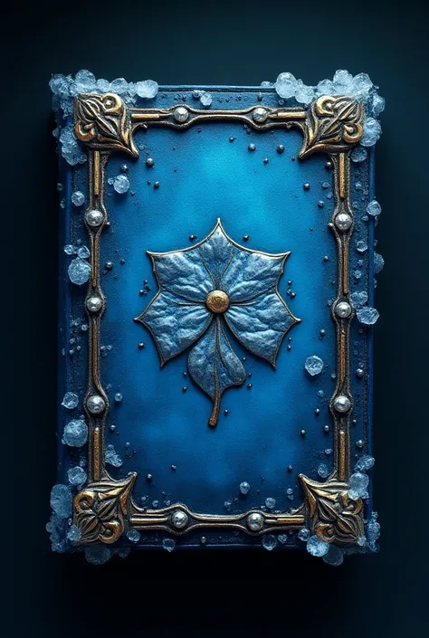 A magical blue-colored grimoire with the symbol of a three-leaf clover in the center and some ice flakes and gold ornaments on its cover, one for an ice wizard

