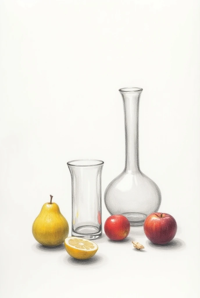 I want a simple still life in light and shade with glass and fruits in pencil 
