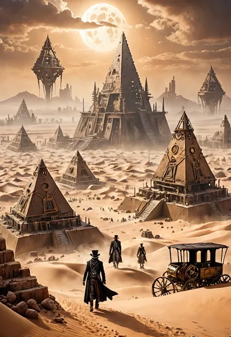 A ghostly city in the desert with a backdrop of steampunk pyramids