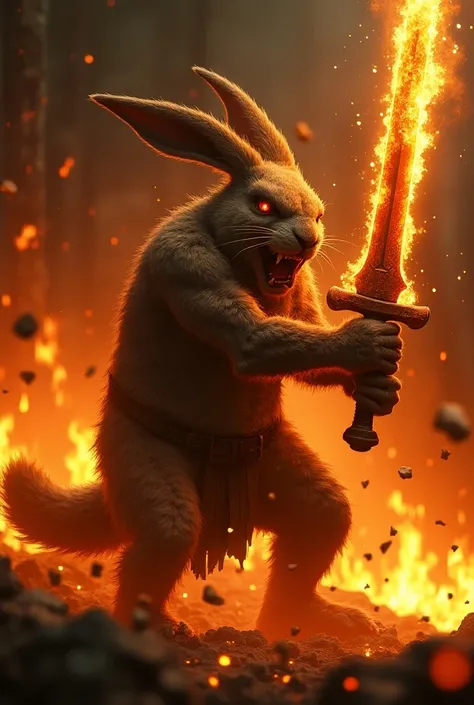 warrior rabbit monster, holding a flaming sword, background on fire