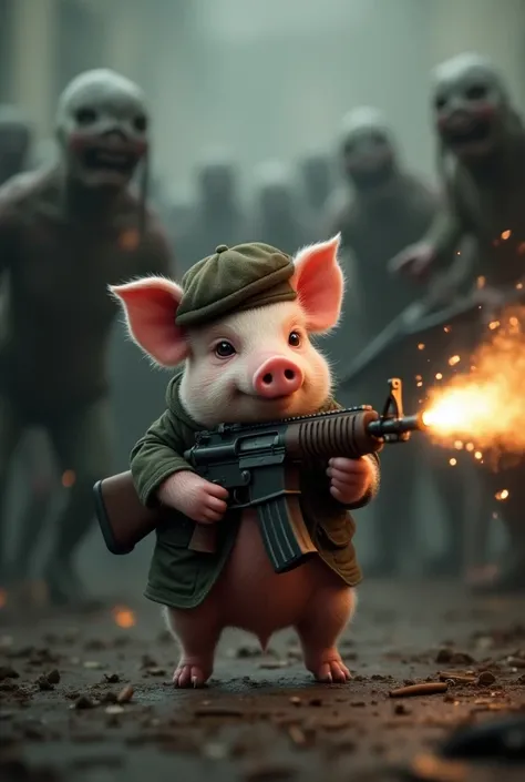  Sitting puppy pig with a beret holding an automatic rifle, killing zombies  