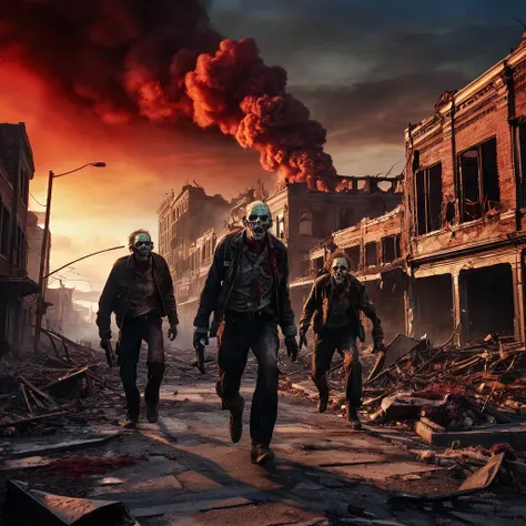 A devastated city lies in ruins, with smoke rising from the rubble and buildings. Three zombies, their decaying bodies slow and lifeless, shuffle toward the camera, their vacant eyes locked on the viewer. The sky above is a deep, fiery red, casting an eeri...