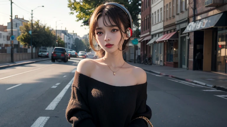 ((best quality)), ((masterpiece)), (detailed), 1girl, off-shoulder sweater, in road Alon background black with headphone