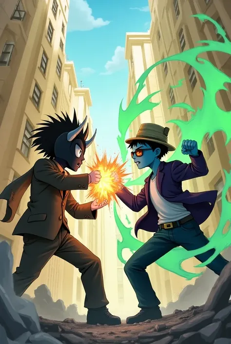 A battle is raging in a city of yellow and gray buildings, the scenery is all destroyed.

On the right side is a blue-skinned boy, a purple coat and a white tank top, hes wearing sunglasses and a coffee cup hat., He has a green hour around his body ,  hes ...