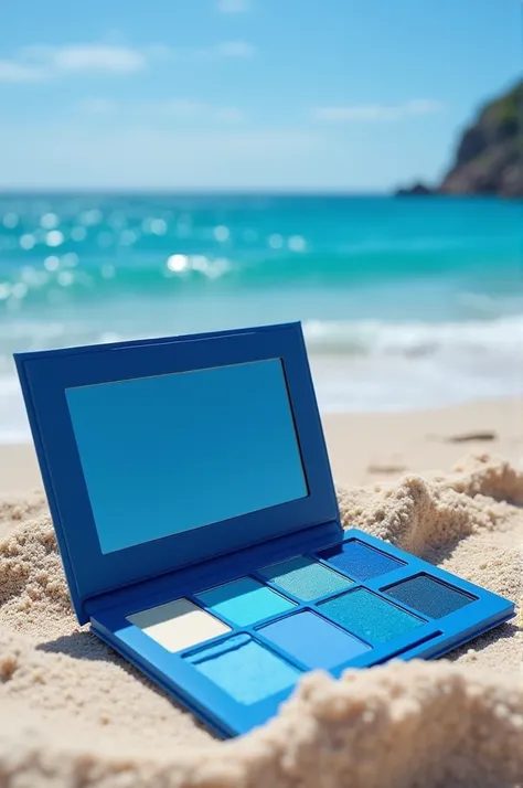 Create an open makeup palette with different blue colors that is on the beach and on the makeup palette is ocean blue 