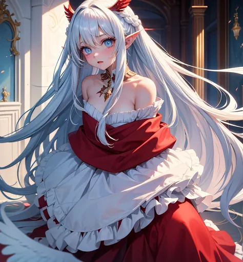  Girl with long white hair ,one blue eye and the other red,4 large wings , Angelic clothes and inside a room, as if she had been summoned , the boy was looking amazed  
